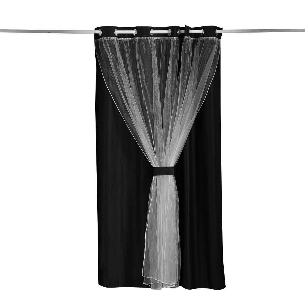 Two elegant blockout curtain panels with gauze, showcasing a 3-layer design for effective room darkening.