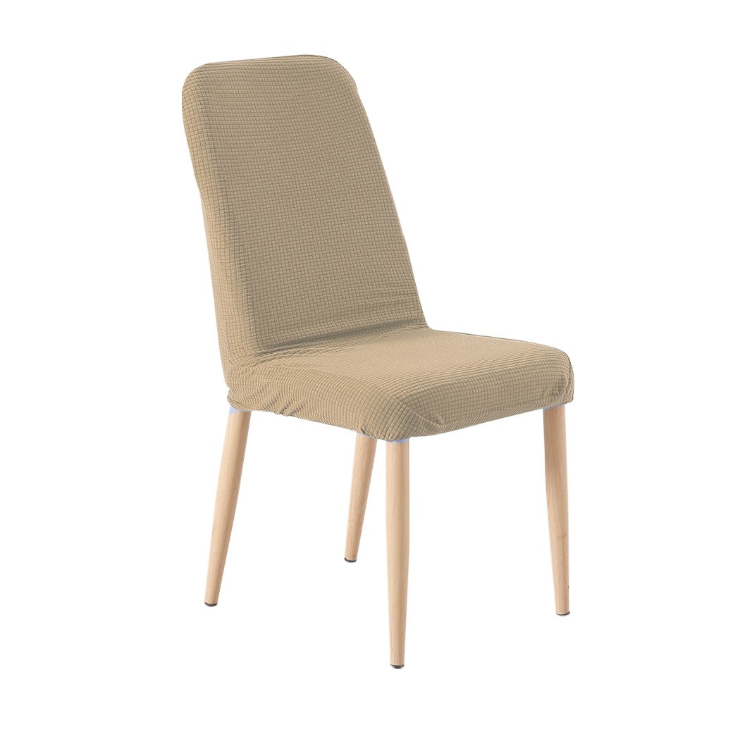 Two khaki spandex dining chair covers designed for protection and style, showcasing their stretchable and machine washable fabric.