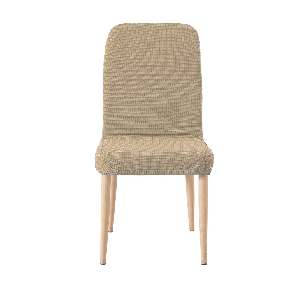 Two khaki spandex dining chair covers designed for protection and style, showcasing their stretchable and machine washable fabric.