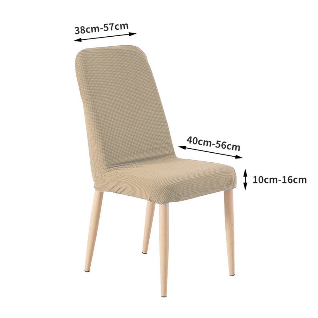 Two khaki spandex dining chair covers designed for protection and style, showcasing their stretchable and machine washable fabric.