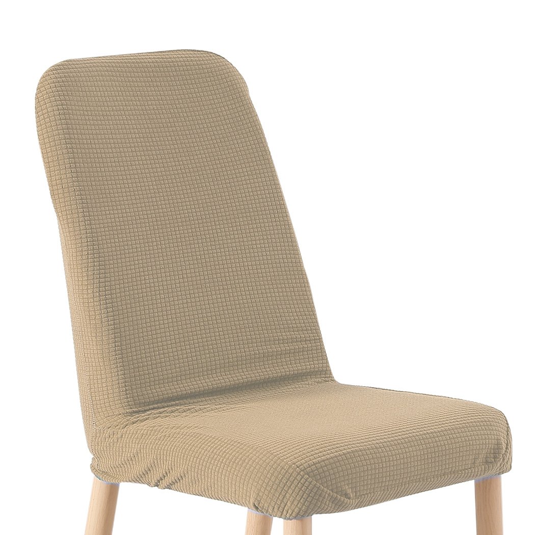 Two khaki spandex dining chair covers designed for protection and style, showcasing their stretchable and machine washable fabric.