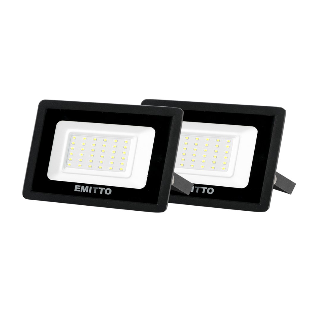 Emitto 30W LED Flood Light with adjustable frame and tempered glass, designed for outdoor use.