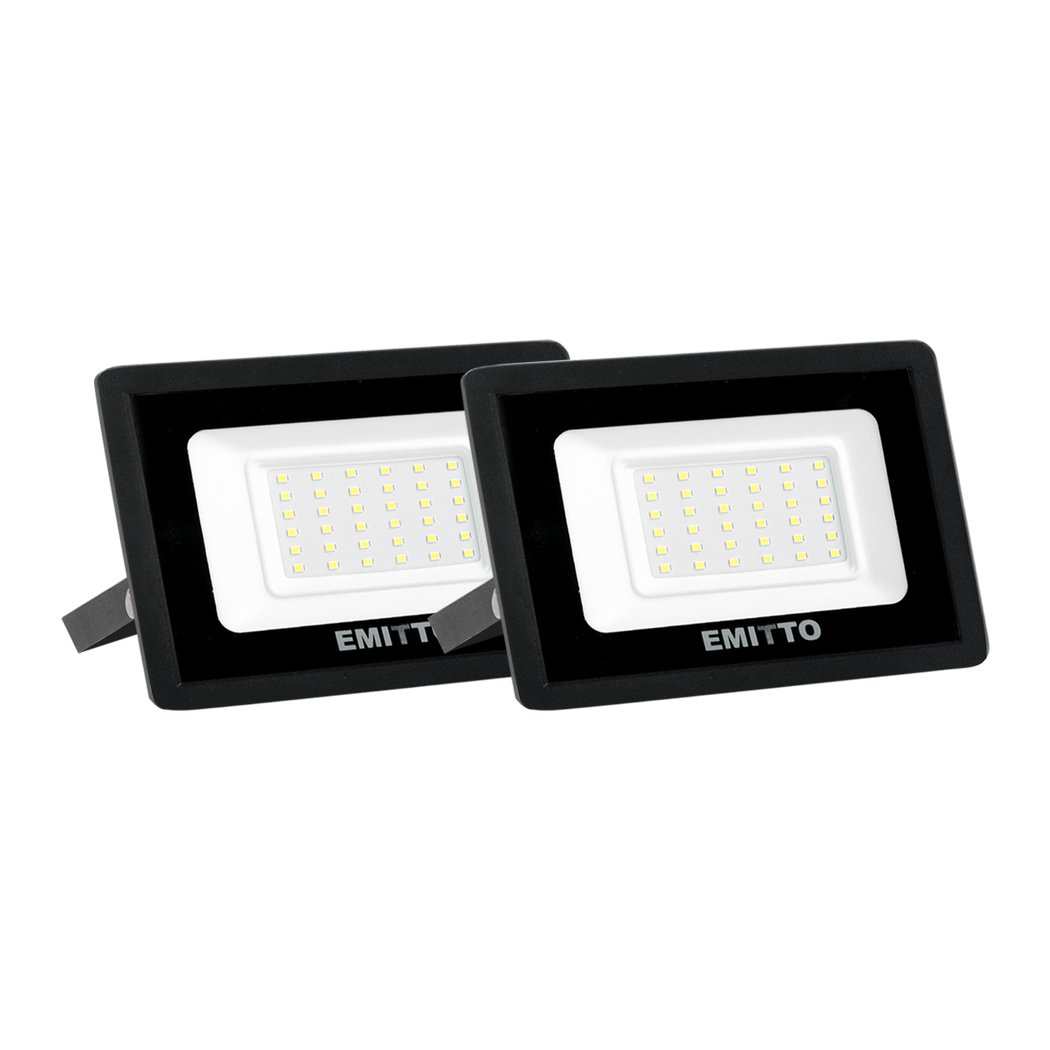 Emitto 30W LED Flood Light with adjustable frame and tempered glass, designed for outdoor use.