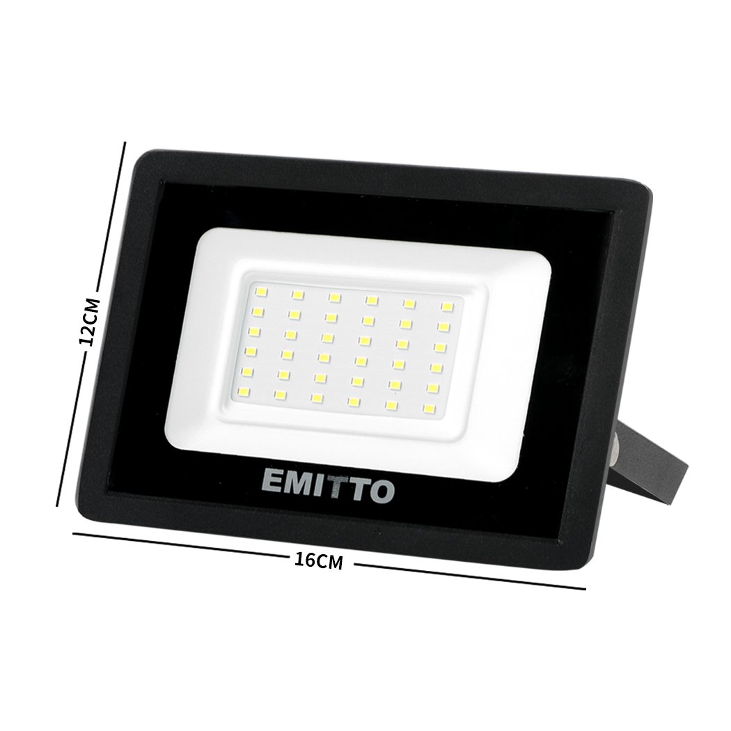 Emitto 30W LED Flood Light with adjustable frame and tempered glass, designed for outdoor use.