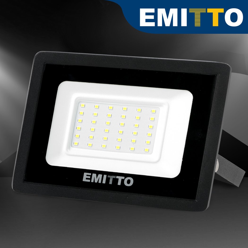 Emitto 30W LED Flood Light with adjustable frame and tempered glass, designed for outdoor use.