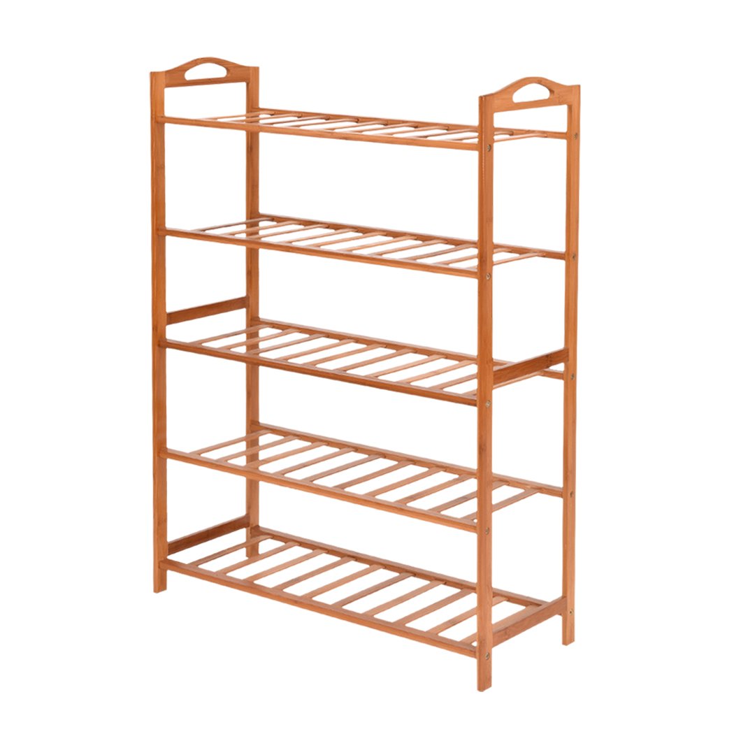 Two 5-tier bamboo shoe racks showcasing a modern design, perfect for organizing footwear in a stylish manner.