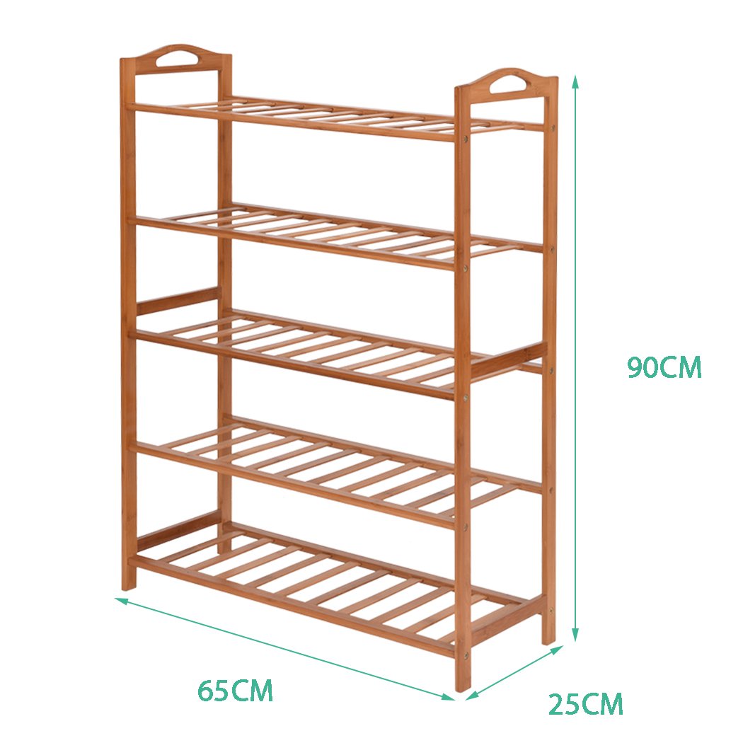 Two 5-tier bamboo shoe racks showcasing a modern design, perfect for organizing footwear in a stylish manner.