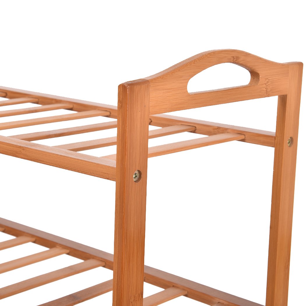 Two 5-tier bamboo shoe racks showcasing a modern design, perfect for organizing footwear in a stylish manner.