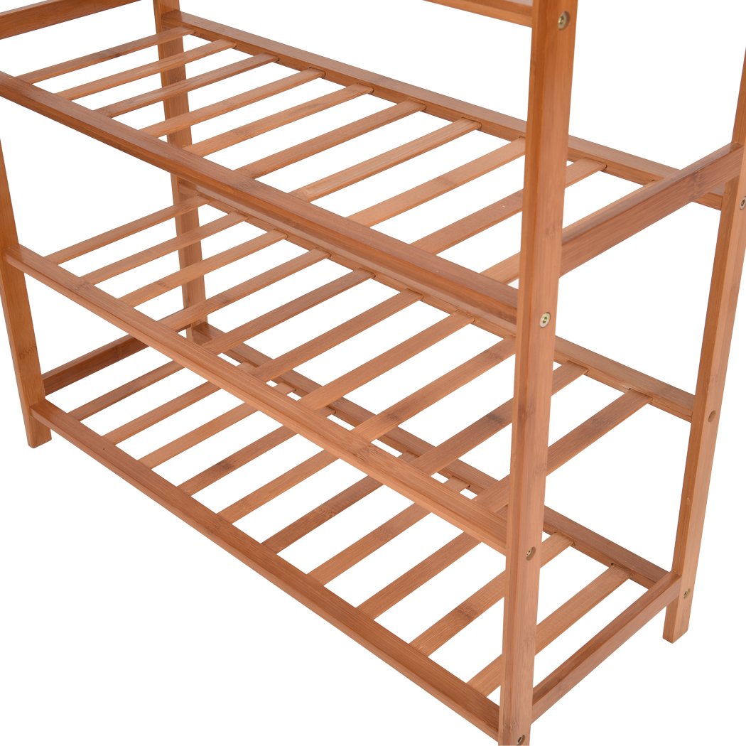 Two 5-tier bamboo shoe racks showcasing a modern design, perfect for organizing footwear in a stylish manner.