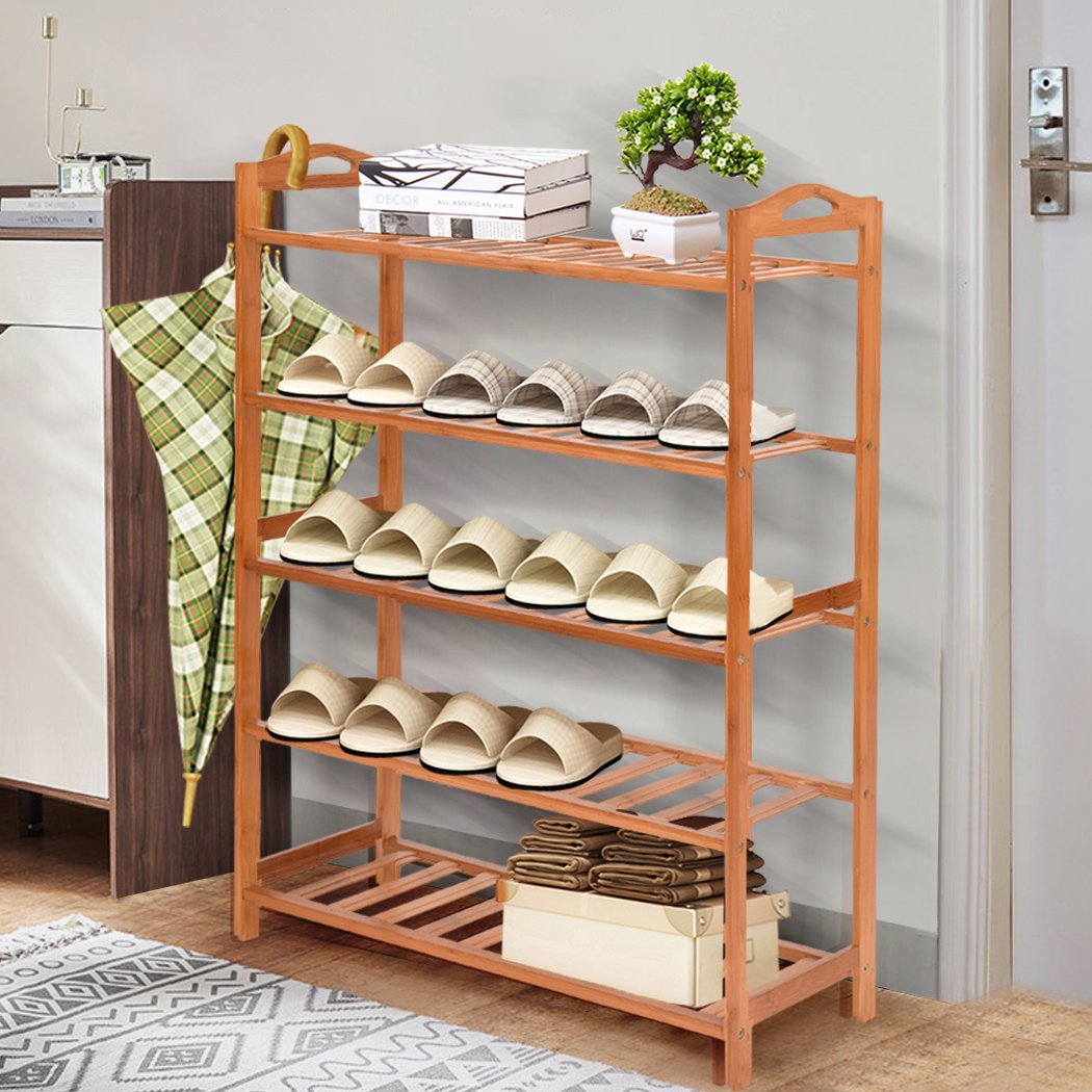 Two 5-tier bamboo shoe racks showcasing a modern design, perfect for organizing footwear in a stylish manner.