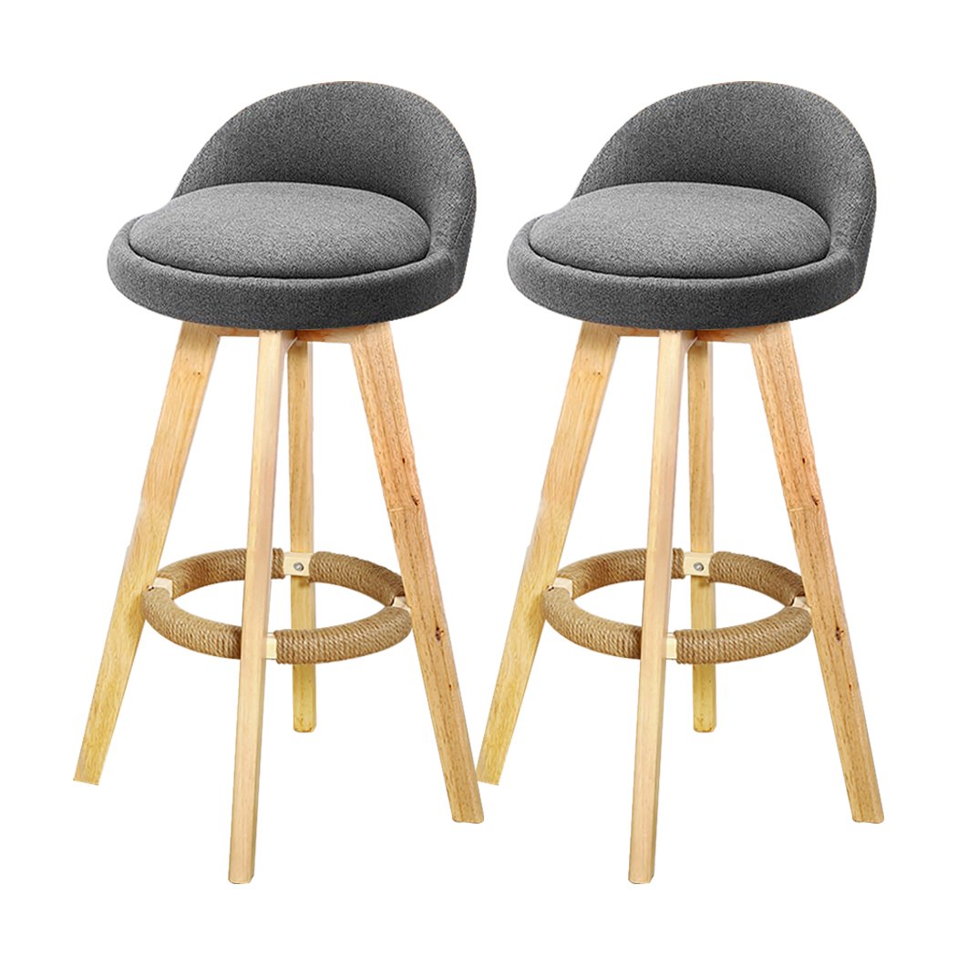 Two grey Levede fabric swivel bar stools with solid wood frames, showcasing a stylish and comfortable design for dining or socializing.