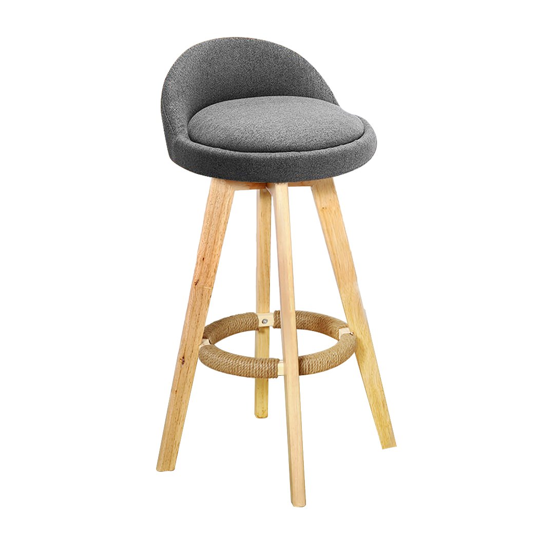 Two grey Levede fabric swivel bar stools with solid wood frames, showcasing a stylish and comfortable design for dining or socializing.