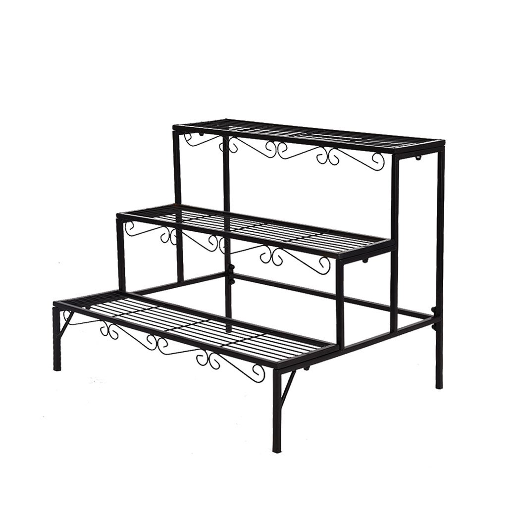 Two Levede plant stands featuring a stylish 3-tier design, made of durable black steel with an elegant imitation rattan finish, suitable for indoor and outdoor use.