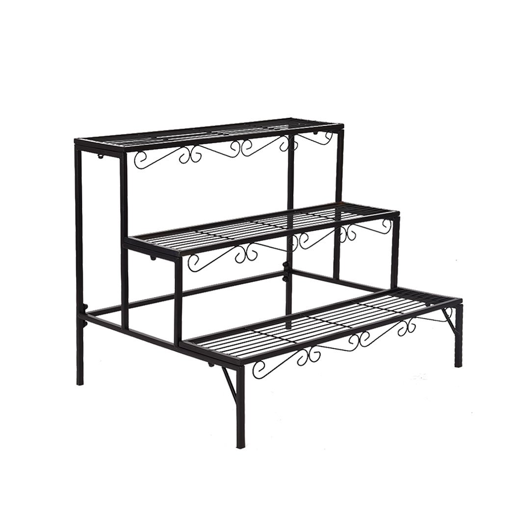 Two Levede plant stands featuring a stylish 3-tier design, made of durable black steel with an elegant imitation rattan finish, suitable for indoor and outdoor use.