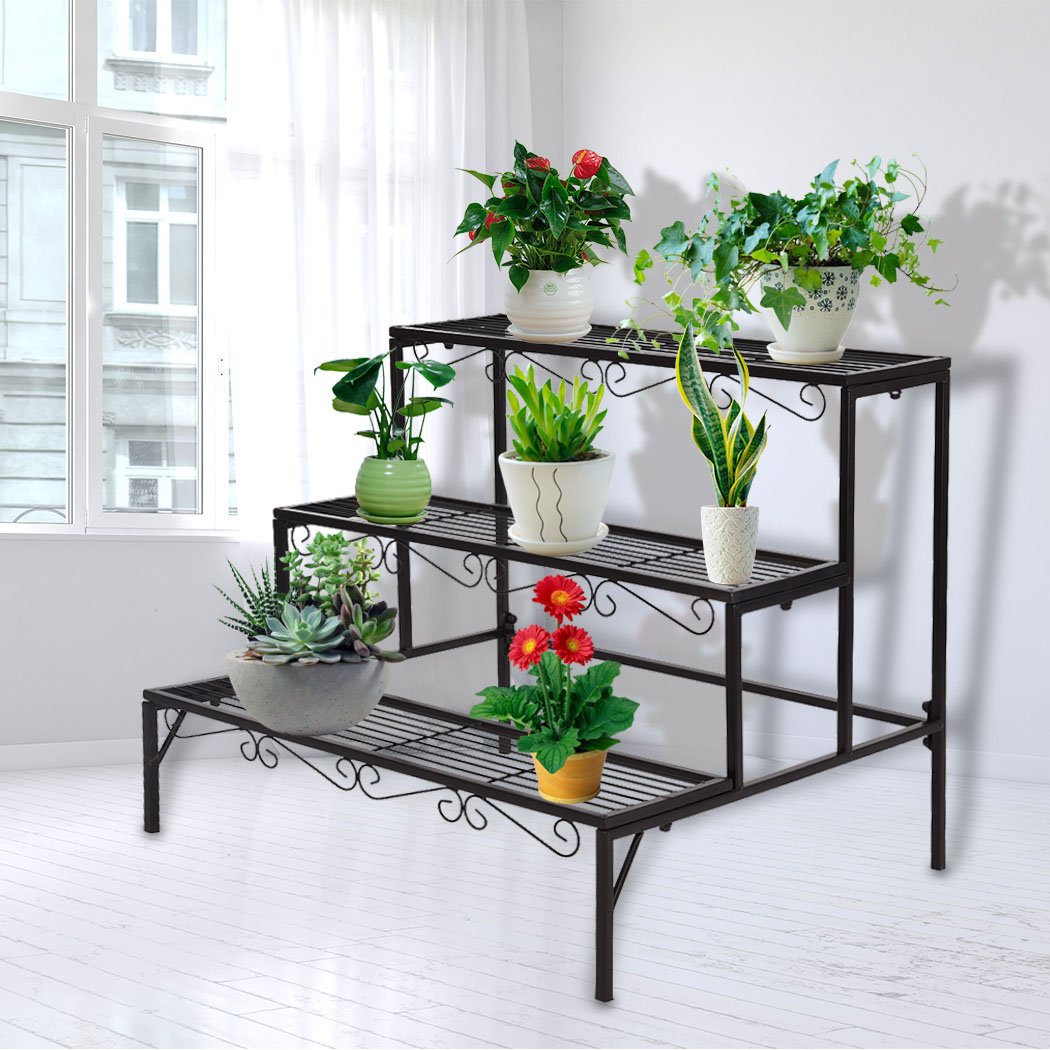 Two Levede plant stands featuring a stylish 3-tier design, made of durable black steel with an elegant imitation rattan finish, suitable for indoor and outdoor use.