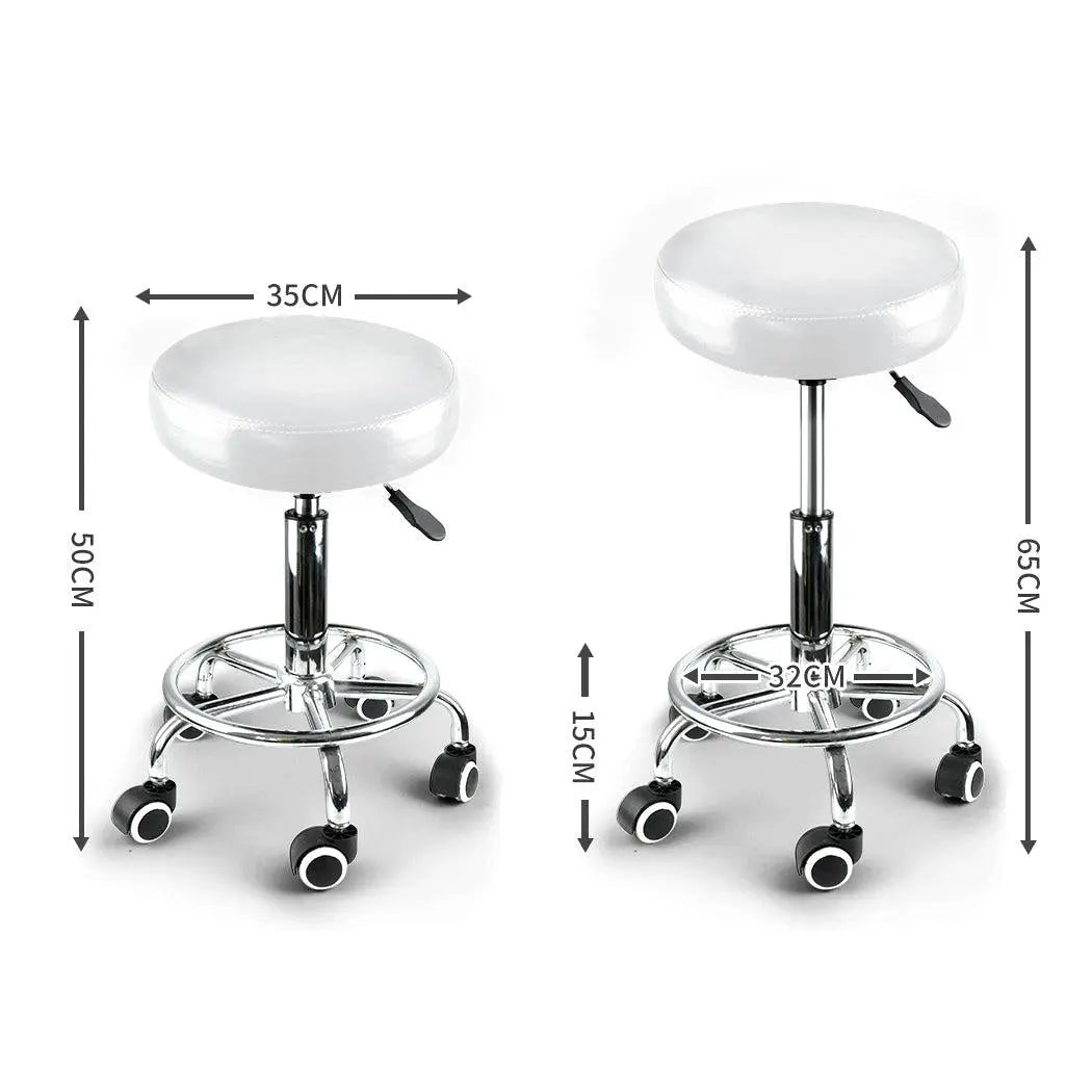 Two Levede swivel salon barstools with white PU leather cushions and silver chromed iron bases, showcasing their elegant design and functionality.