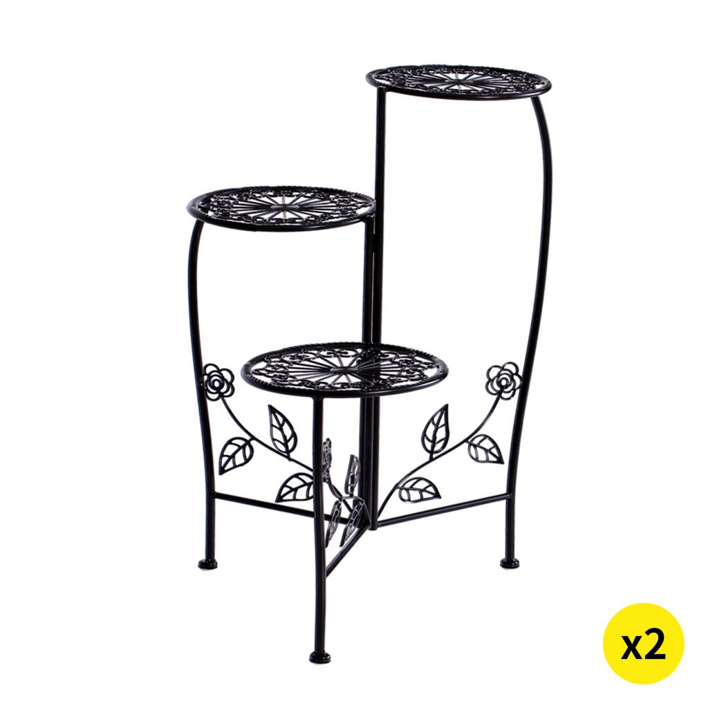 Two elegant wrought iron plant stands designed for indoor and outdoor use, featuring a delicate imitation rattan design and sturdy construction.