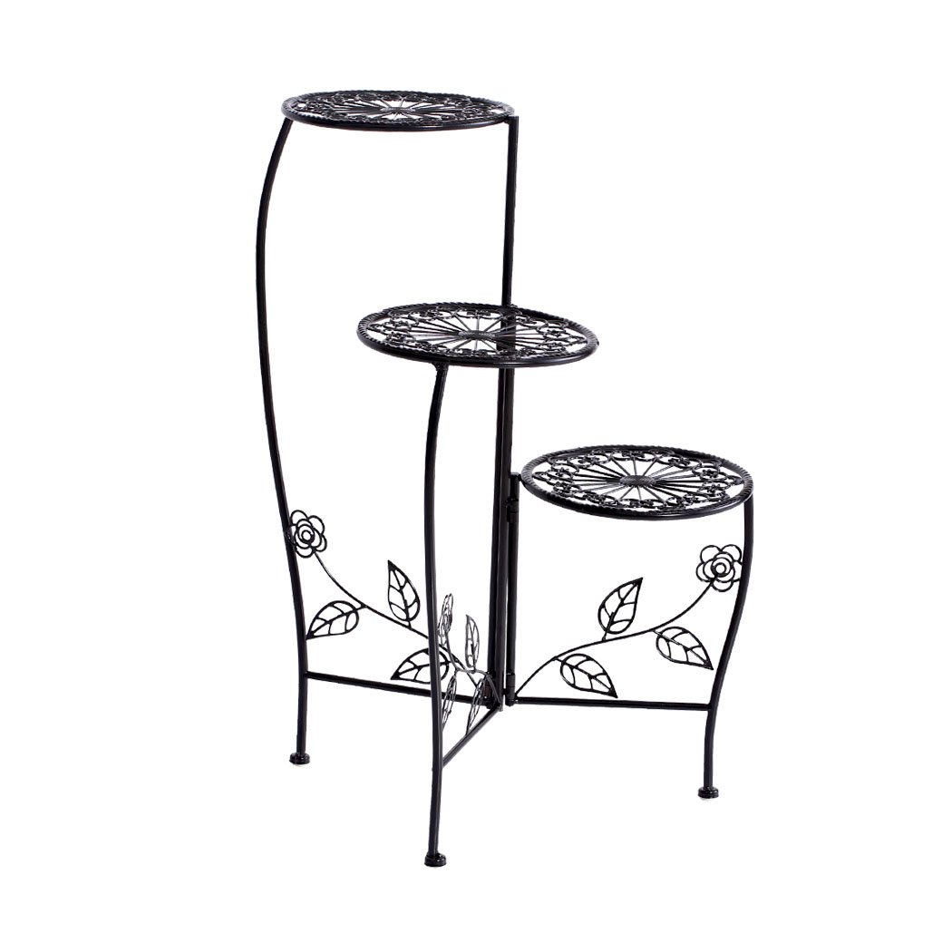 Two elegant wrought iron plant stands designed for indoor and outdoor use, featuring a delicate imitation rattan design and sturdy construction.