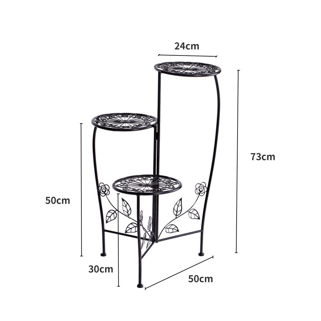 Two elegant wrought iron plant stands designed for indoor and outdoor use, featuring a delicate imitation rattan design and sturdy construction.