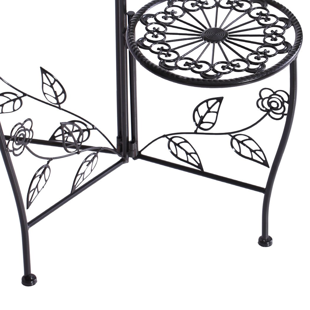 Two elegant wrought iron plant stands designed for indoor and outdoor use, featuring a delicate imitation rattan design and sturdy construction.