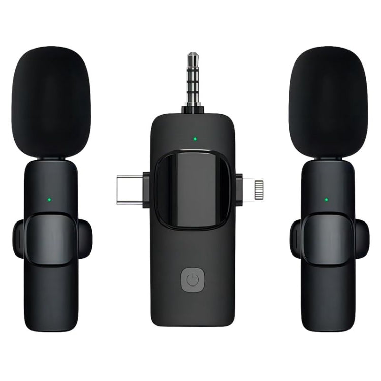 3 in 1 Wireless Lavalier Microphones designed for iPhone and Android, featuring a compact body and mini clip for easy attachment.