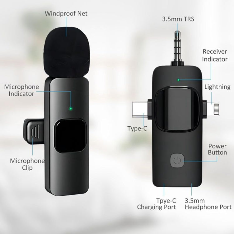 3 in 1 Wireless Lavalier Microphones designed for iPhone and Android, featuring a compact body and mini clip for easy attachment.