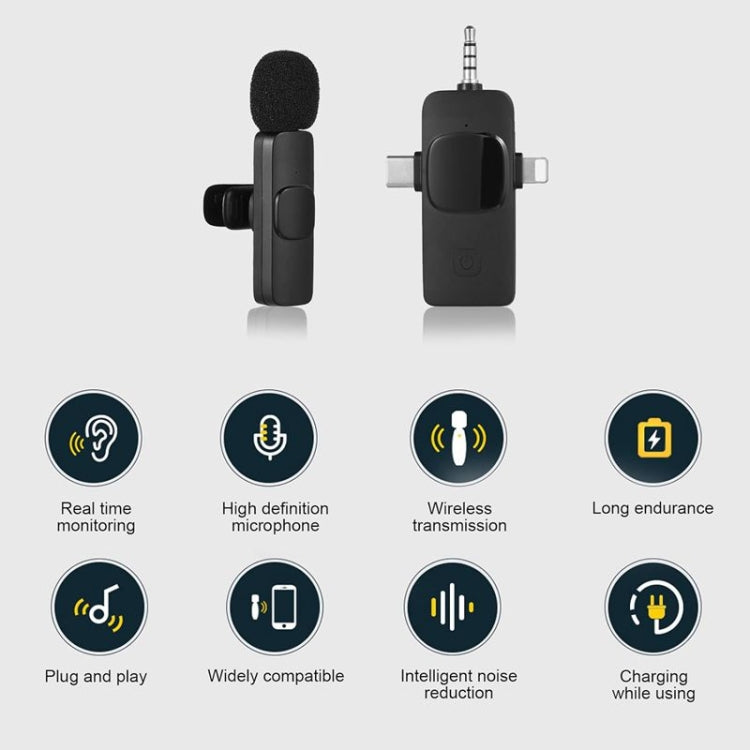 3 in 1 Wireless Lavalier Microphones designed for iPhone and Android, featuring a compact body and mini clip for easy attachment.