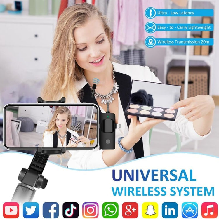 3 in 1 Wireless Lavalier Microphones designed for iPhone and Android, featuring a compact body and mini clip for easy attachment.