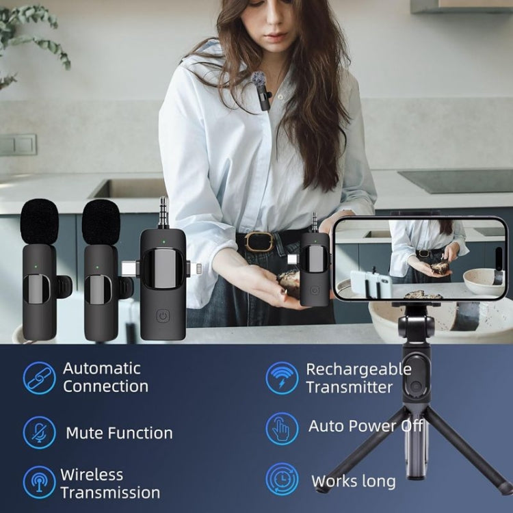 3 in 1 Wireless Lavalier Microphones designed for iPhone and Android, featuring a compact body and mini clip for easy attachment.