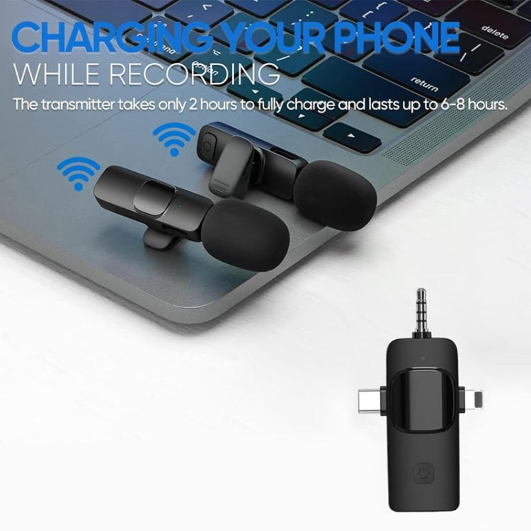 3 in 1 Wireless Lavalier Microphones designed for iPhone and Android, featuring a compact body and mini clip for easy attachment.