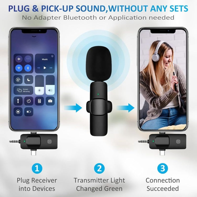 3 in 1 Wireless Lavalier Microphones designed for iPhone and Android, featuring a compact body and mini clip for easy attachment.