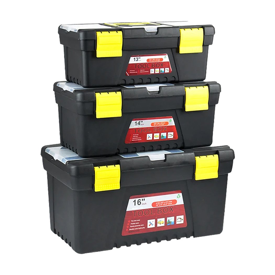 3 Piece Tool Boxes Set featuring three sizes, heavy-duty construction, and removable tray for tool organization.