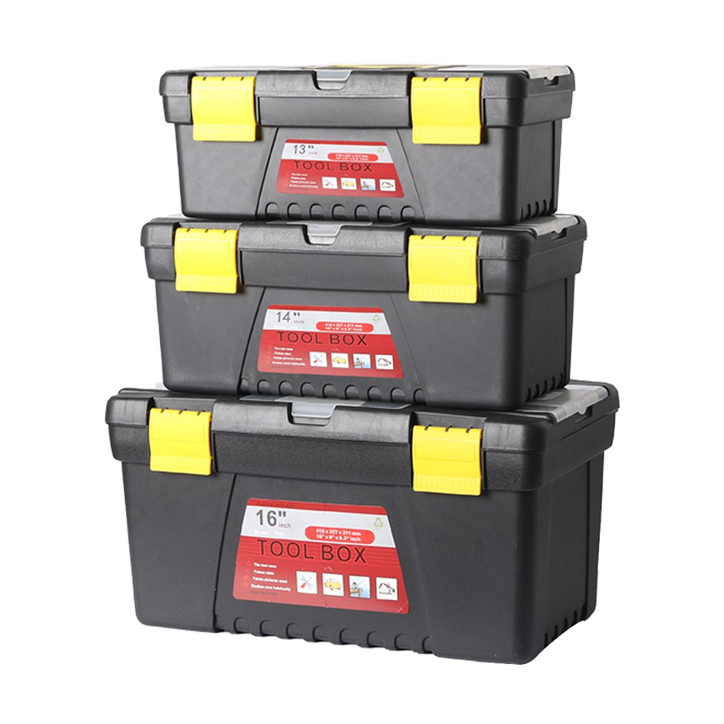 3 Piece Tool Boxes Set featuring three sizes, heavy-duty construction, and removable tray for tool organization.