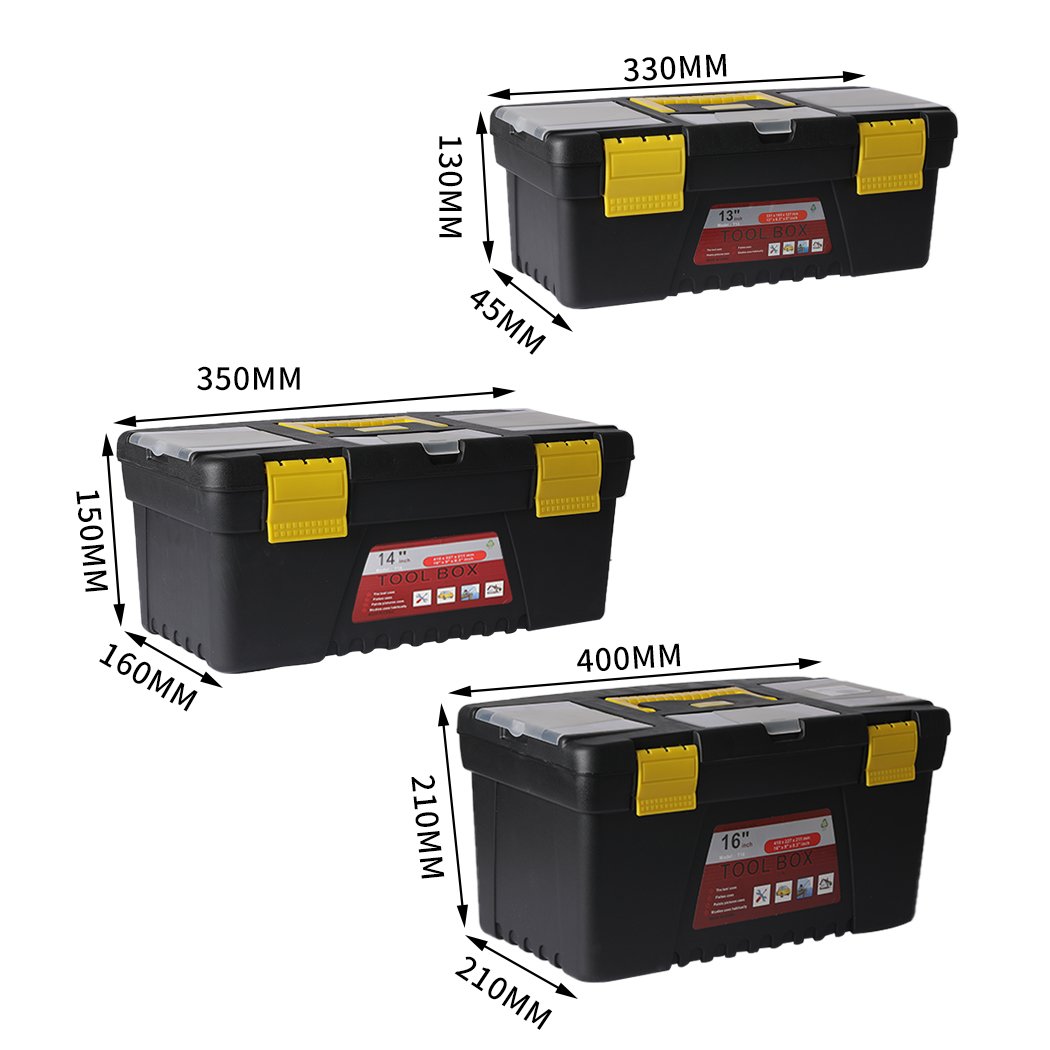 3 Piece Tool Boxes Set featuring three sizes, heavy-duty construction, and removable tray for tool organization.