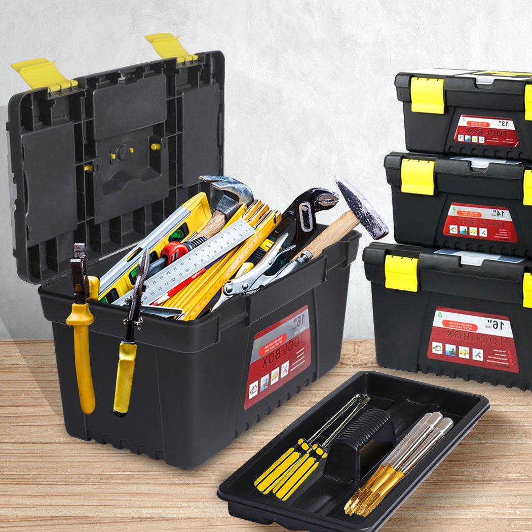 3 Piece Tool Boxes Set featuring three sizes, heavy-duty construction, and removable tray for tool organization.