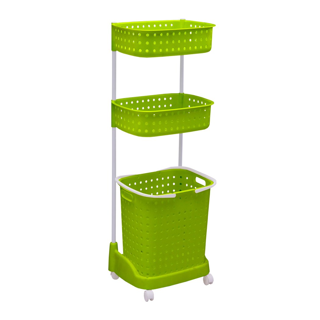 3 Tier Bathroom Laundry Basket Bin Hamper with wheels, designed for organizing laundry and linens, featuring a sturdy plastic and metal construction.