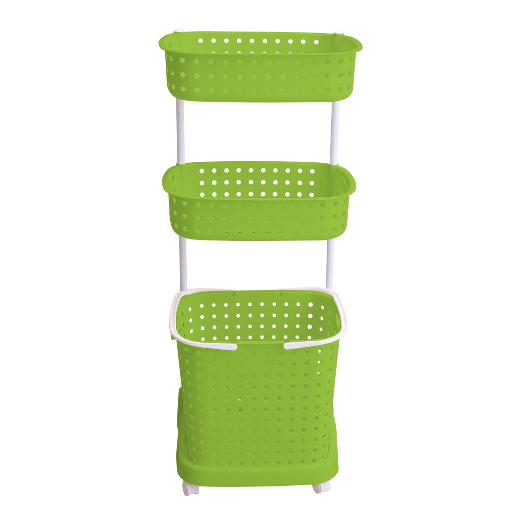 3 Tier Bathroom Laundry Basket Bin Hamper with wheels, designed for organizing laundry and linens, featuring a sturdy plastic and metal construction.