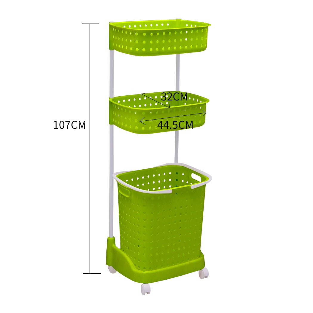 3 Tier Bathroom Laundry Basket Bin Hamper with wheels, designed for organizing laundry and linens, featuring a sturdy plastic and metal construction.