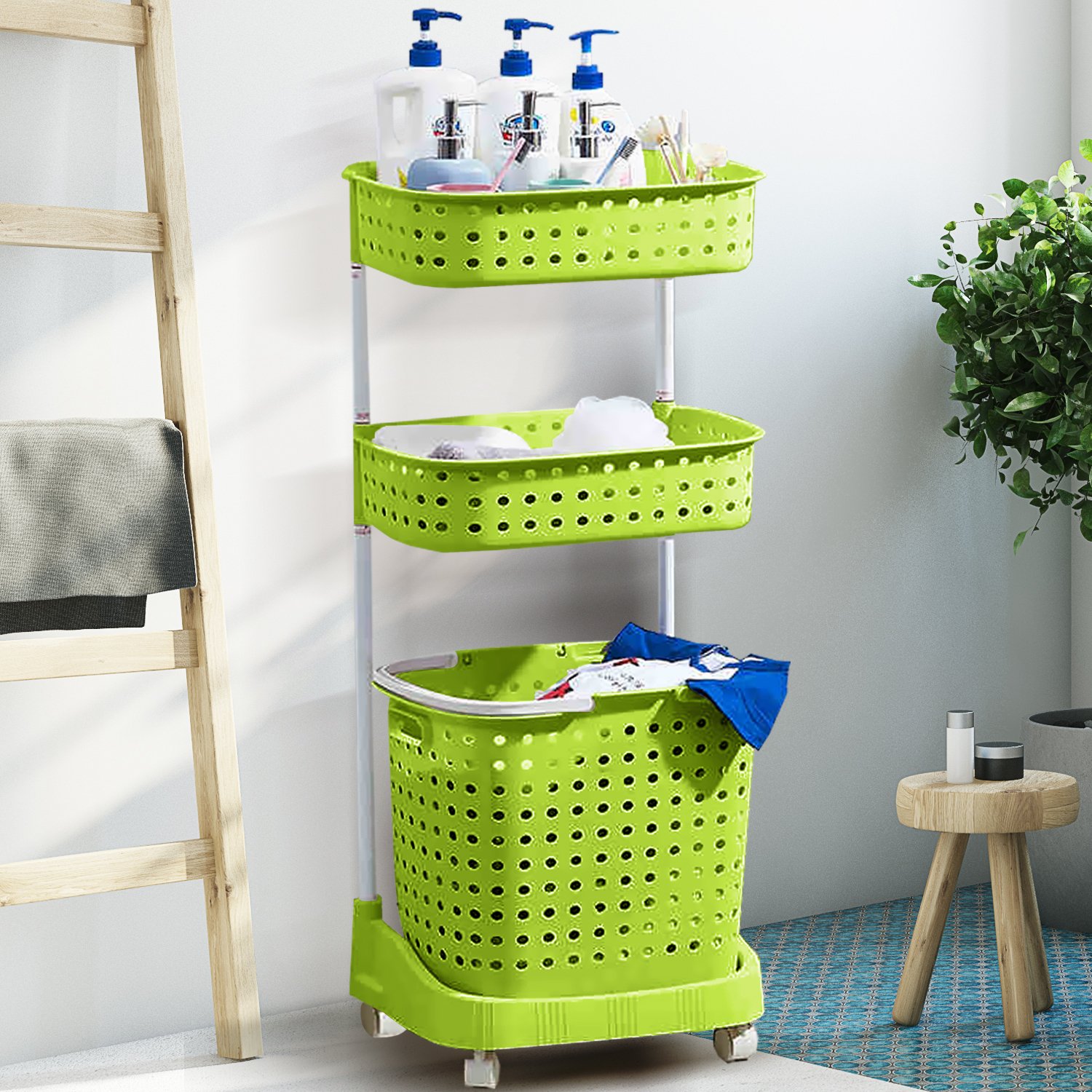 3 Tier Bathroom Laundry Basket Bin Hamper with wheels, designed for organizing laundry and linens, featuring a sturdy plastic and metal construction.