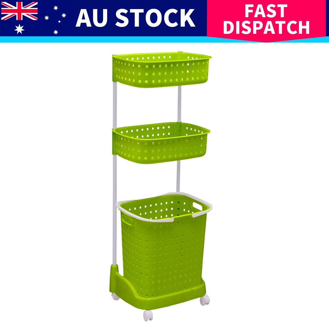 3 Tier Bathroom Laundry Basket Bin Hamper with wheels, designed for organizing laundry and linens, featuring a sturdy plastic and metal construction.