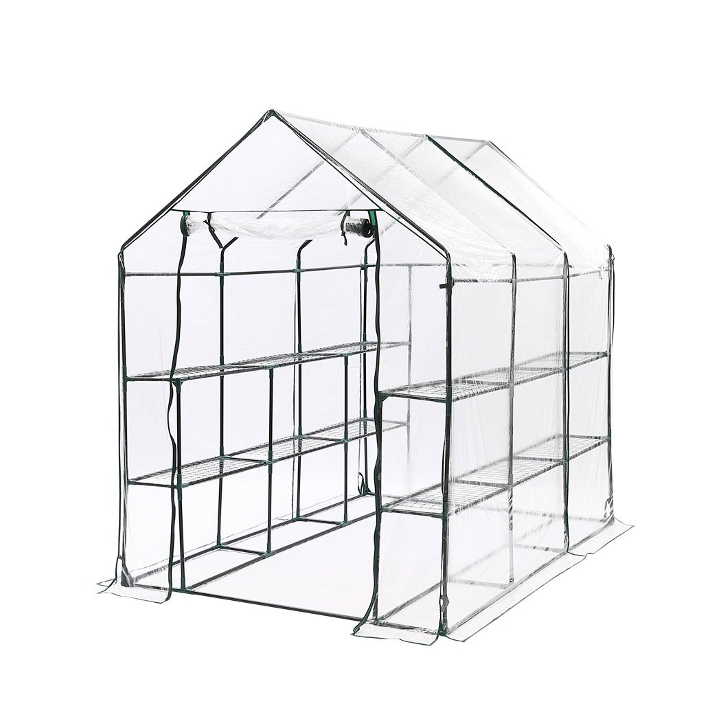 3 Tier Walk In Greenhouse with PVC cover, showcasing a sturdy steel frame and transparent design for plant protection.