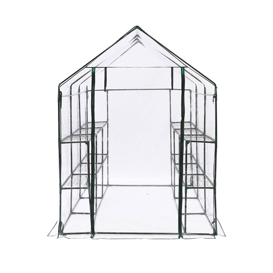 3 Tier Walk In Greenhouse with PVC cover, showcasing a sturdy steel frame and transparent design for plant protection.