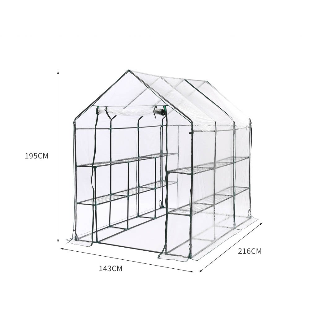 3 Tier Walk In Greenhouse with PVC cover, showcasing a sturdy steel frame and transparent design for plant protection.