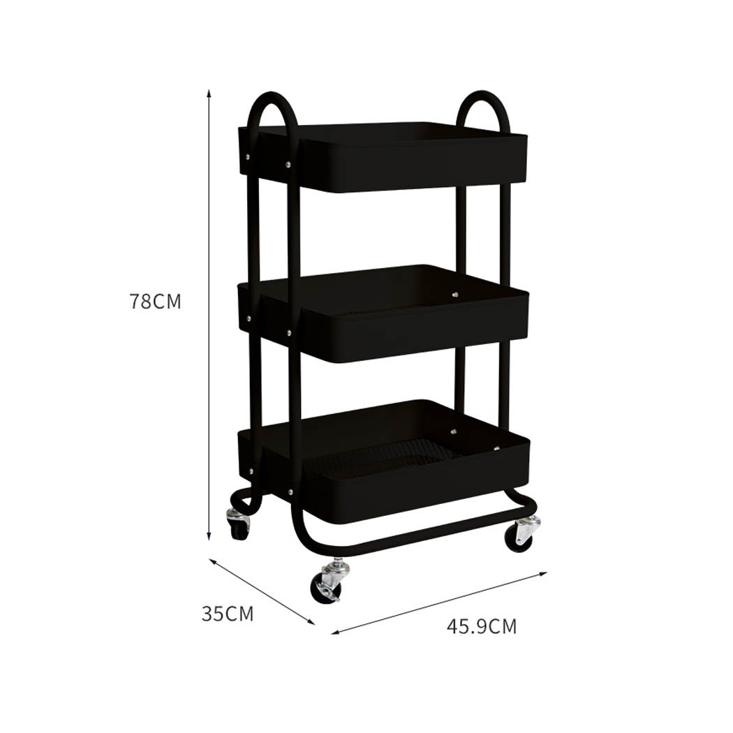 3 Tiers Kitchen Trolley Cart with steel frame and wheels, designed for efficient storage and organization in various spaces.