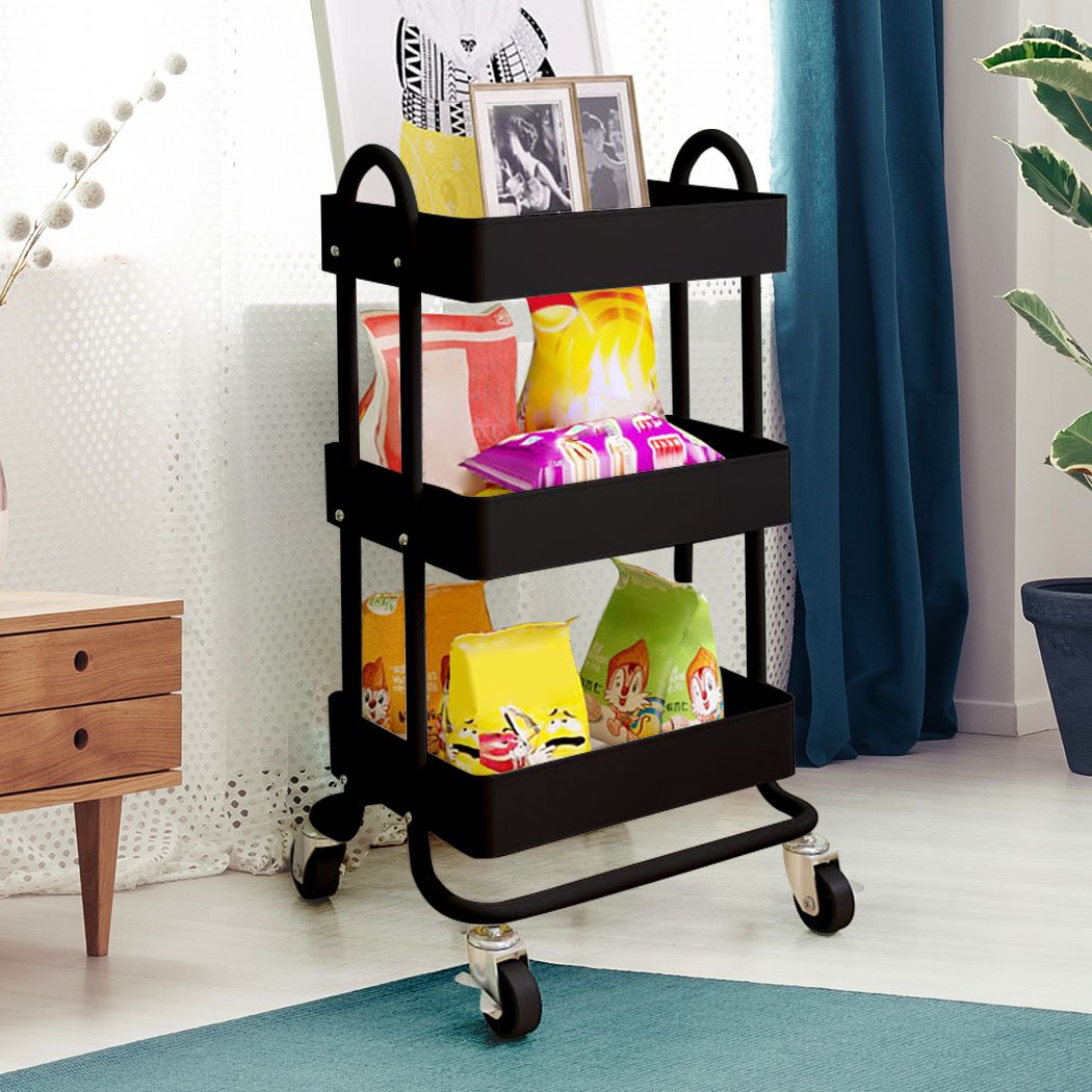 3 Tiers Kitchen Trolley Cart with steel frame and wheels, designed for efficient storage and organization in various spaces.