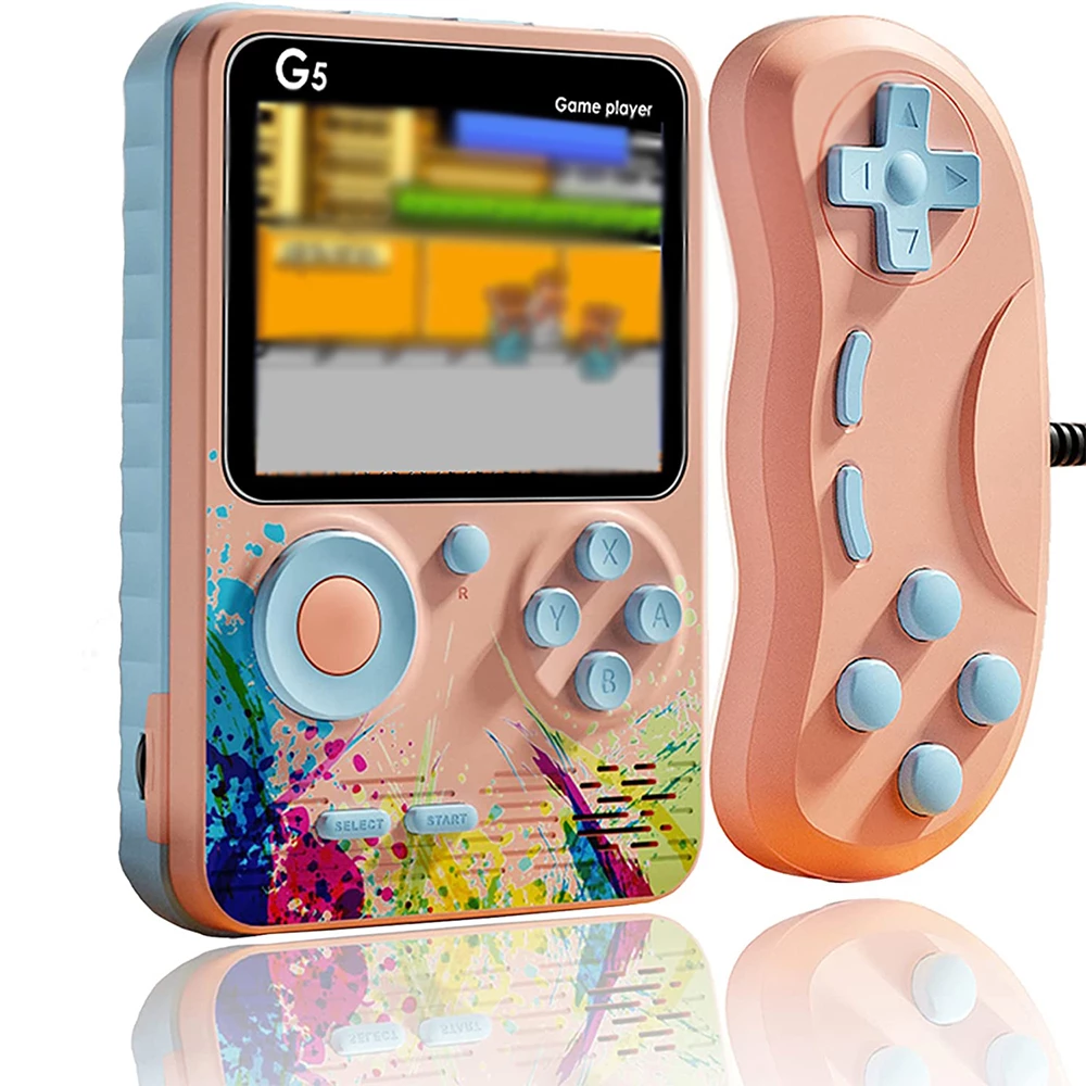 Portable retro gaming console with controller.