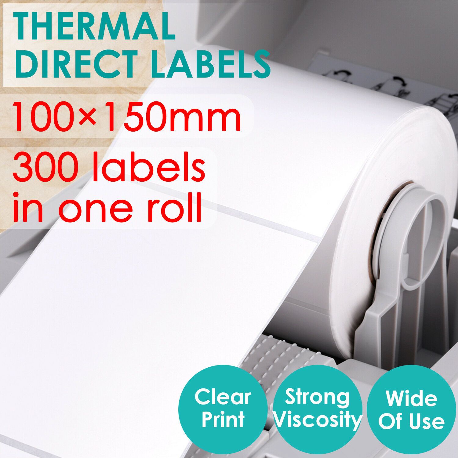 300 pieces of 100x150mm thermal direct print labels, white paper with strong adhesive, suitable for thermal printers and various labeling applications.