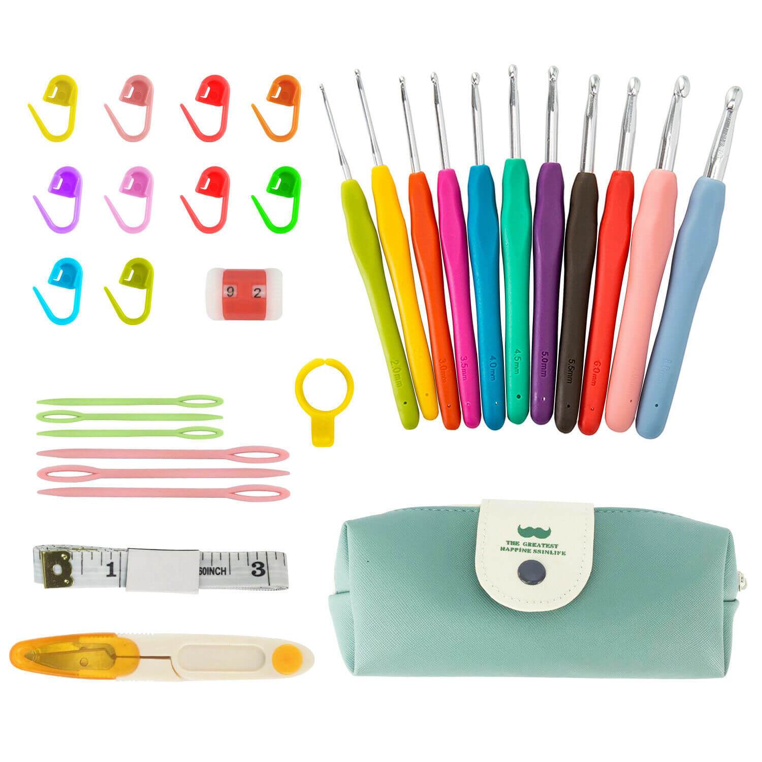 30 Pcs Crochet Hooks Kit with colorful ergonomic handles and PU leather storage bag, including various sewing tools.