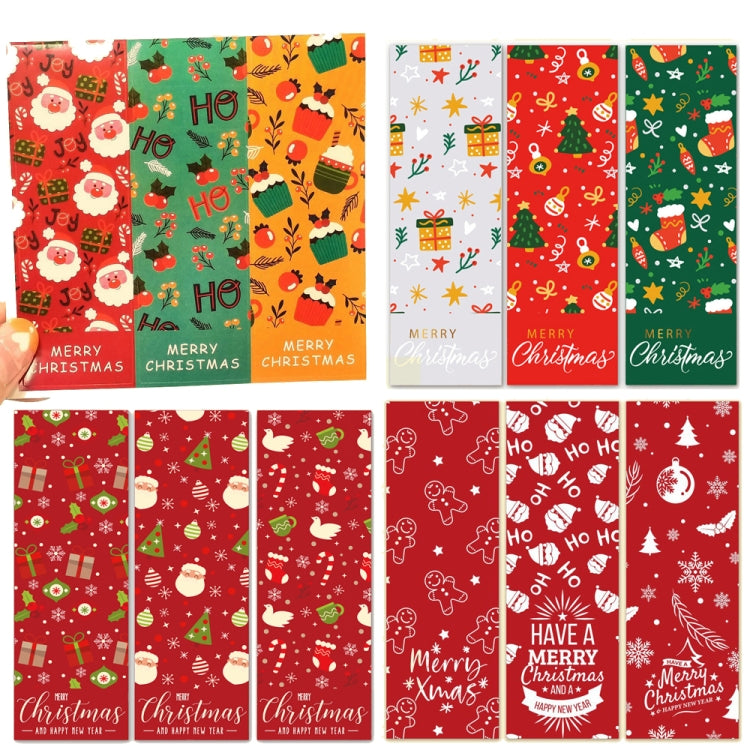 A pack of 30 sheets of Christmas rectangle stickers featuring three different festive patterns, ideal for gift box sealing.