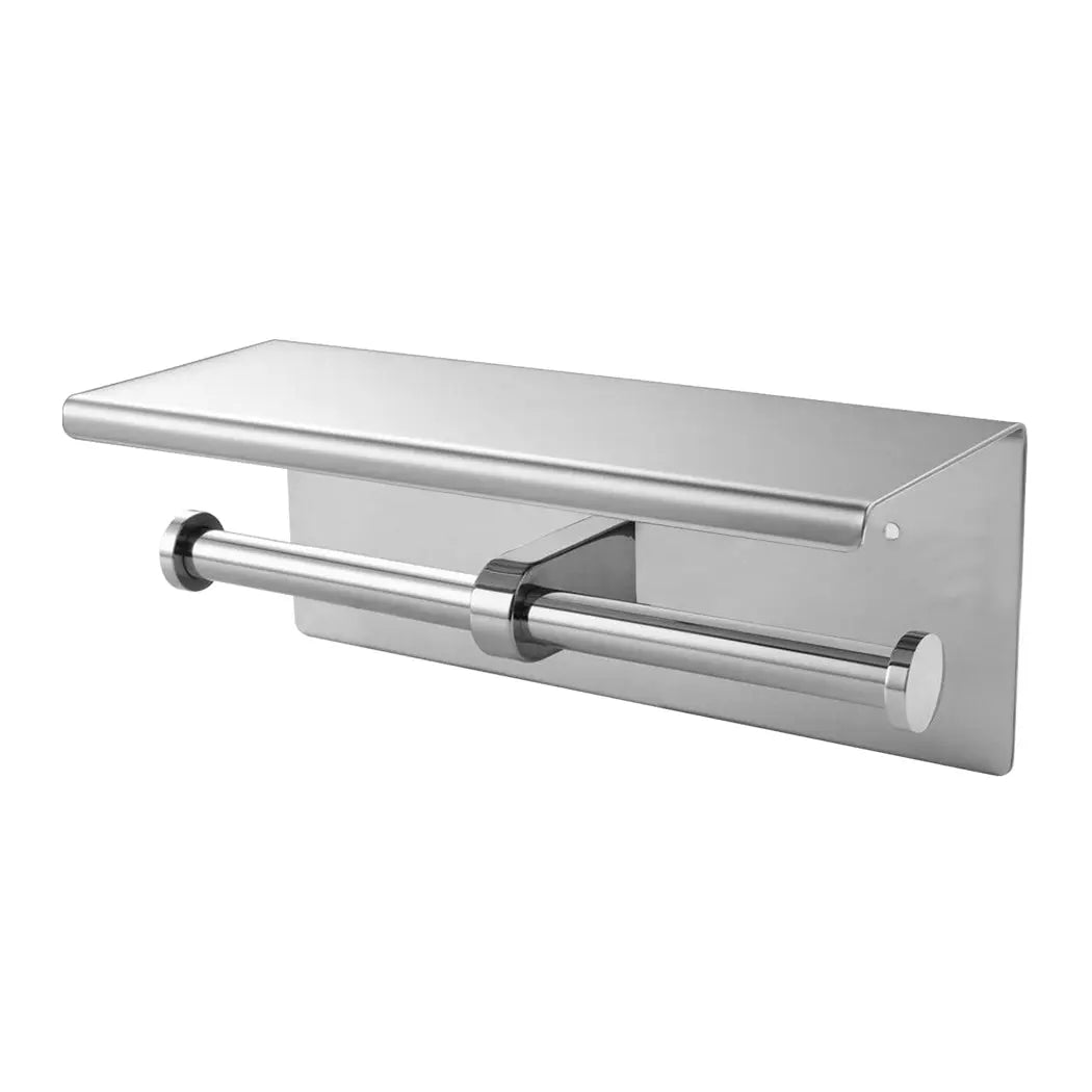 304 Stainless Steel Double Toilet Paper Holder with strong hook and mirror finish, ideal for bathroom use.